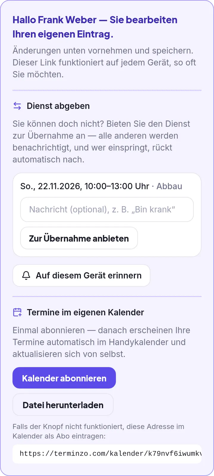 Begrüßung mit Hinweis auf den eigenen Eintrag
