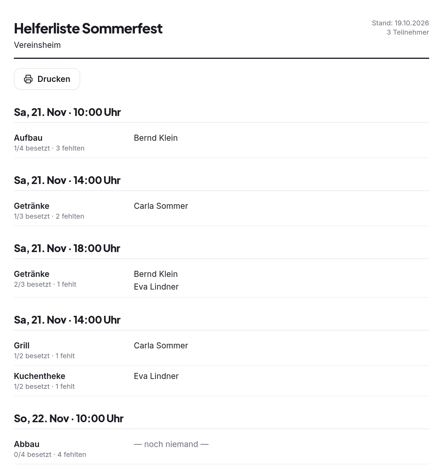 Bildschirmfoto: Jemanden eintragen, auswerten und den Aushang drucken